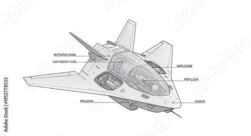 Detailed illustration of a futuristic aircraft with advanced design and technology.