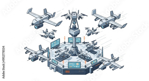 Futuristic military base with surveillance and aerial vehicles ready for action.