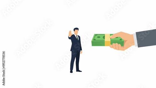 Businessman Rejecting Bribe Money with Stop Hand Gesture