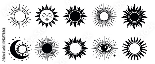Mystical hand drawn line art sun and celestial symbol set featuring various suns, a crescent moon, and an all-seeing eye for astrology, spiritual, or bohemian design projects