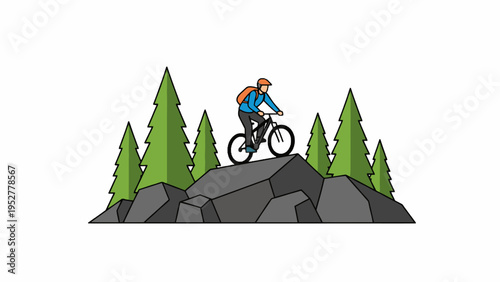 Mountain Biker Riding on Rocks in Pine Forest Vector Illustration