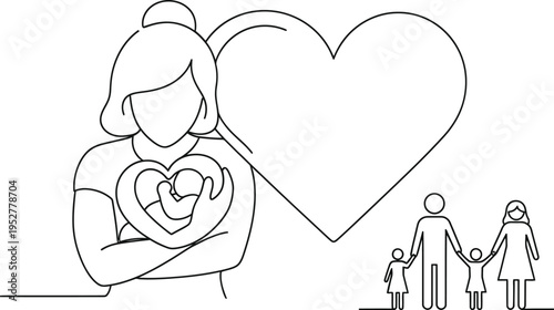 Minimalist line art symbolizing maternal love protection and the enduring importance of family bonds for future generations.