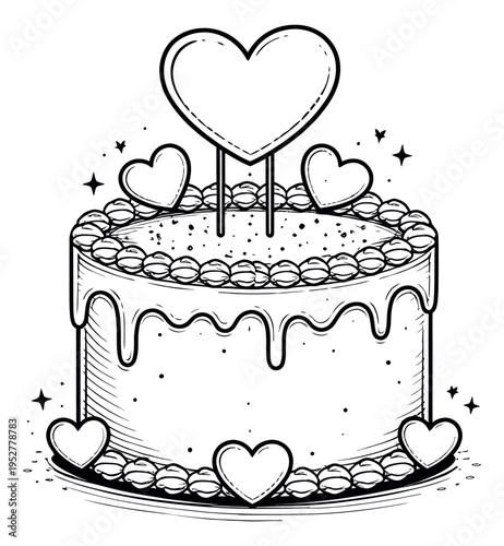 Hand drawn line art illustration of a celebration cake depicting heart decorations for a special occasion
