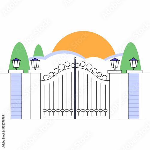 Grand entrance driveway gate made of black wrought iron with brick pillars and circular lamps against a background of trees and sunset scene.
