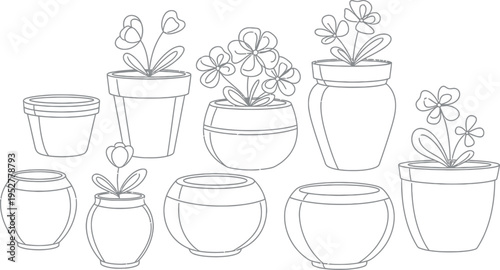 A charming collection of various garden pots and flowering plants illustrated in a simple black and white outline style perfect for coloring books or decorative design elements.