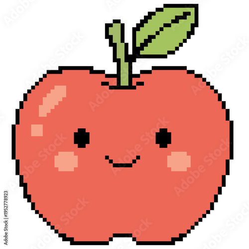 Cute pixel art red apple character with smiling face.