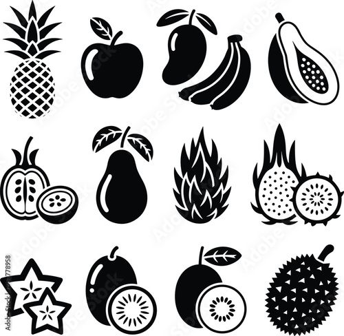 Assorted Tropical and Common Fruits IconsPineapple Mango Banana Papaya Pear Dragon Fruit Durian Kiwi Starfruit
