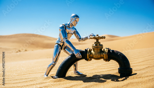 A chrome robot turns a pipeline valve in the desert. Oil transportation