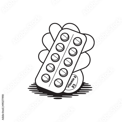 A black and white line art illustration of a blister pack containing ten vitamin d3 supplement pills Vector, illustration