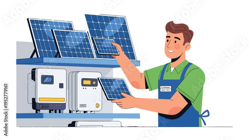 Solar Panel Technician: A skilled technician interacts with solar panels and power inverters, showcasing an image of clean energy and sustainable living