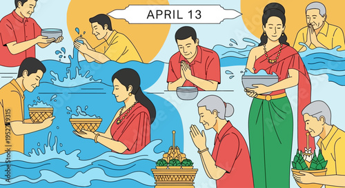 Traditional Thai people celebrating Songkran festival with water pouring ritual isolated on transparent background