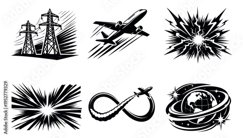 Graphic symbol set featuring power towers, airplanes, speed bursts, and a globe for dynamic concepts