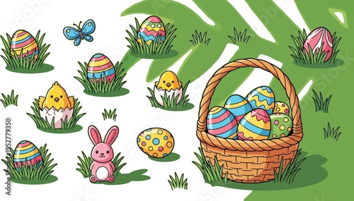 Adorable cartoon Easter scene featuring brightly colored eggs chicks a pink bunny and a woven basket