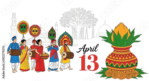 Traditional Indian festival procession with musicians and dancers holding colorful flags and a kalash pot, April 13, isolated on transparent background