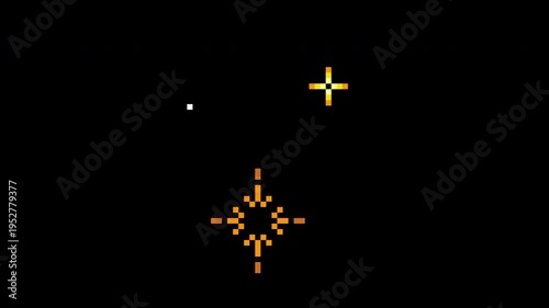 Pixel art sparkling winking stars. Pixelated fierworks in retro 8 bit arcade game style. 4K footage on transparent background