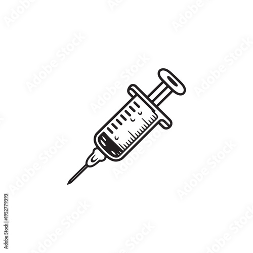 A simple black and white line art illustration of a medical syringe used for health injections Vector, illustration
