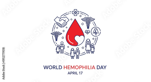 World Hemophilia Day concept with blood drop, family, medical symbols, and handshake isolated on transparent background