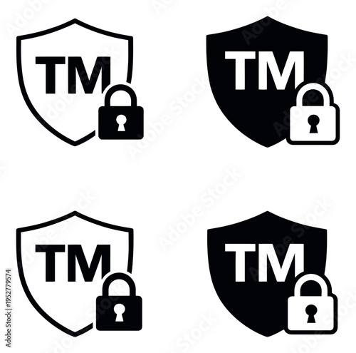 Line art and solid icon set featuring trademark (TM) shields and padlocks for intellectual property protection