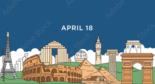 World famous landmarks skyline vector illustration in line art style, APRIL 18 date isolated on transparent background