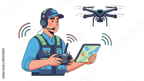 Drone Pilot and Technology: A skilled drone pilot uses a remote control and tablet to navigate and monitor a drone, showcasing the intersection of technology and expertise.