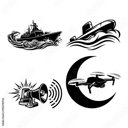 Warship submarine siren and drone icon bundle