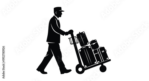 Black silhouette of a man pushing a luggage cart vector