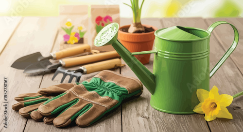Essential gardening tools including a green watering can, sturdy gloves, small trowels, and seed packets, ready for spring planting.