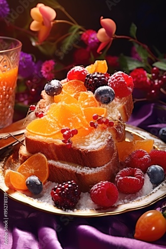 A plate of toast with a variety of fresh fruits served next to a glass of refreshing orange juice. Perfect for a healthy breakfast or brunch.