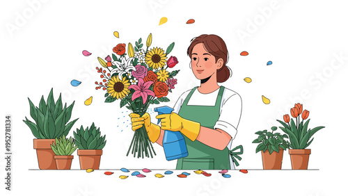 Blooming Florist's Delight: A florist, enveloped by the freshness and beauty of vibrant flowers, is expertly crafting a magnificent bouquet, capturing the essence of spring's vibrancy.