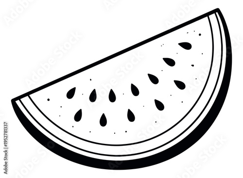 Hand drawn line art illustration of a watermelon slice depicting its pulp and seeds for summer refreshment