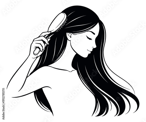 Line art illustration of a woman depicting brushing her hair for beauty and self-care