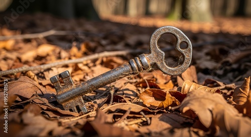 Antique Skeleton Key Resting on Autumn Leaves in a Forest