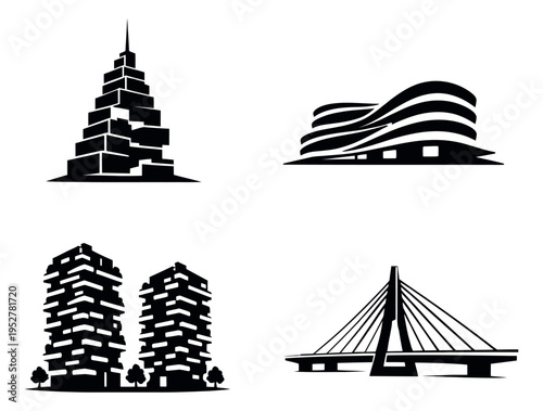 Modern graphic architecture set featuring a skyscraper, a modern public building, residential towers, and a cable-stayed bridge for urban development and design