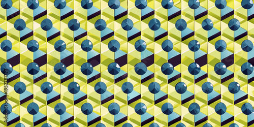 Geometric pattern featuring blue ovals and angled yellow green shapes