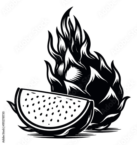 Graphic line art dragon fruit set featuring a whole fruit and a slice for healthy eating promotion
