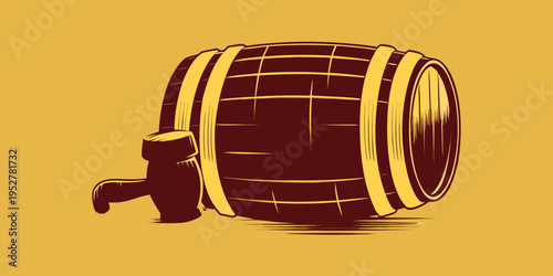 Vintage wooden barrel with spigot isolated on a golden background