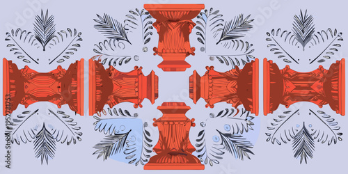Symmetrical arrangement of ornate reddish orange architectural elements and foliage