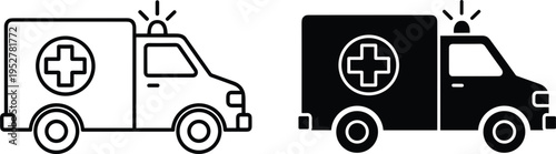 Ambulance emergency vehicle icon set, medical transport illustration, healthcare rescue car silhouette, hospital emergency service symbol, paramedic transport graphic design vector