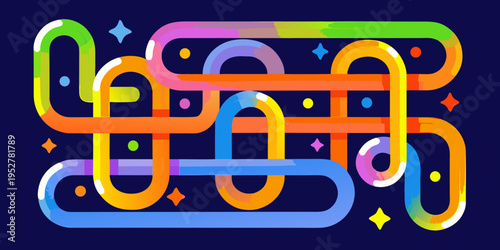 Colorful abstract looping shapes and lines against a dark blue background