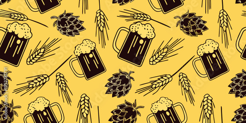 Seamless pattern featuring beer mugs hops and wheat against a yellow background