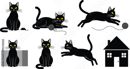 Black cat silhouettes with yellow eyes, playful feline poses, house icon, domestic pets, vector illustration, animal behavior, sitting, jumping, playing, lifestyle design