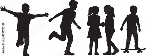 Silhouette of children playing musical instruments, kids performing music with trumpet, flute, and guitar, creative education and art concept