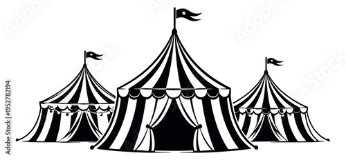 Graphic style circus tent set featuring striped tents with flags for events and entertainment