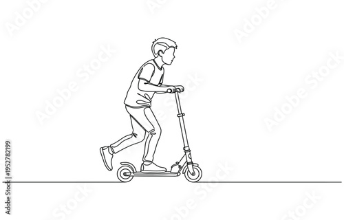 Single continuous one line art boy riding scooter. 