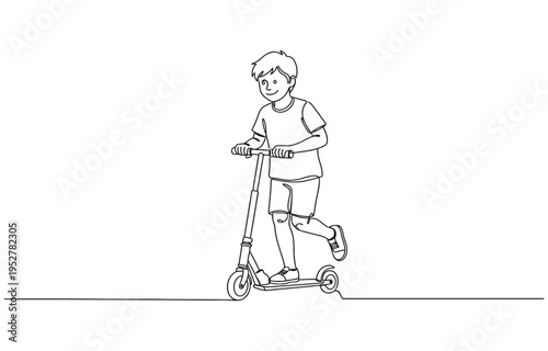 Single continuous one line art boy riding scooter. 