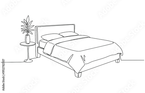 Line art drawing Continuous single of bed, plaid and flower in vase on table. 