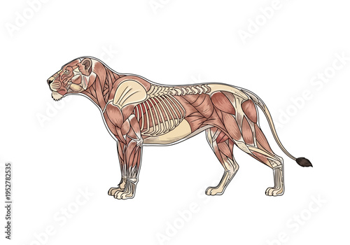 Diagram illustrating the musculature and skeletal structure of a sideview lioness