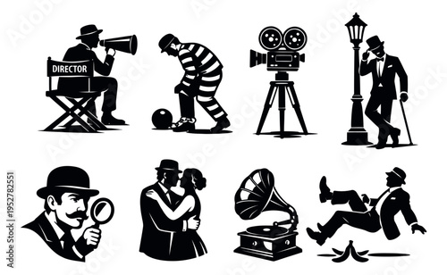 Silhouette classic movie set featuring iconic characters and vintage elements for drama, mystery, and entertainment