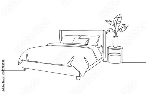 Line art drawing Continuous single of bed, plaid and flower in vase on table. 