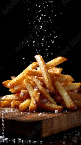 Close-up shows crispy french fries with sea salt set on a wooden board. The lighting highlights the texture and details of the fries.